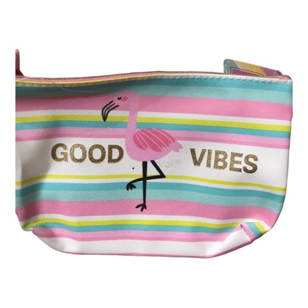 3pack pink flamingo themed “flaunt‎ it” & “good vibes” makeup bag coin pouch new